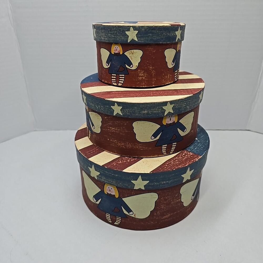 Lot of 3 Vintage Patriotic Angel paper Box Red/White Stripes Stars Angels